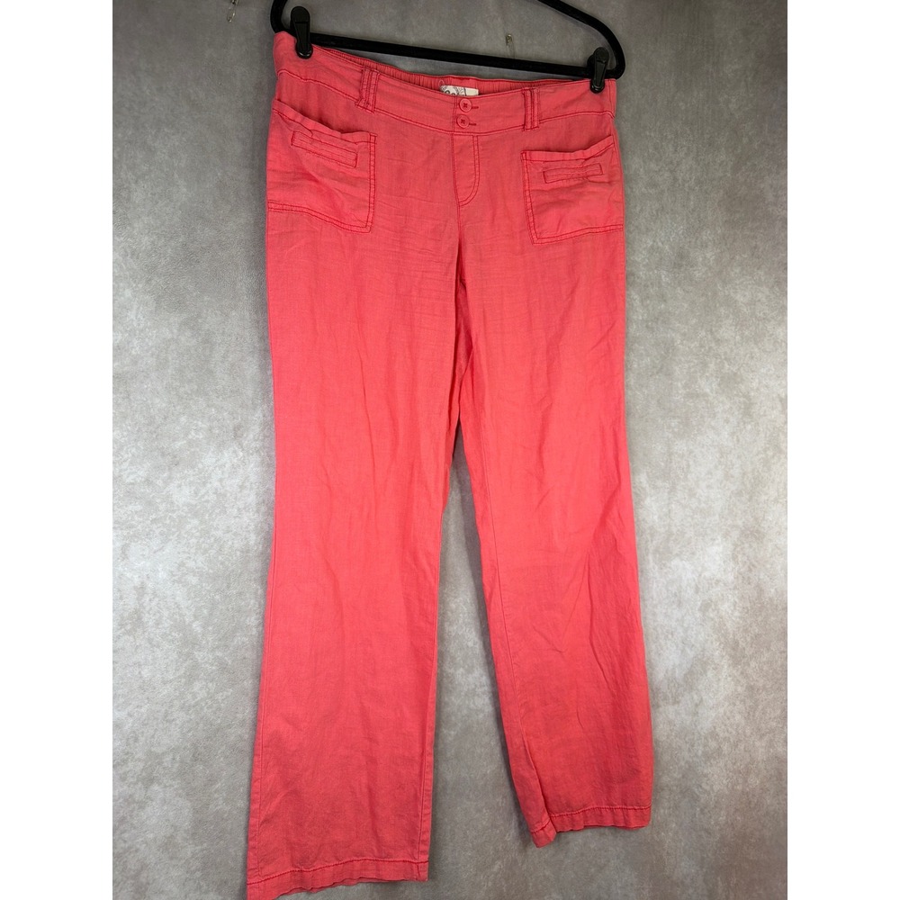 SO Linen Blend Pants Womens‎ Large Coral Relaxed Straight Leg Elastic Back Beach - Picture 2 of 4